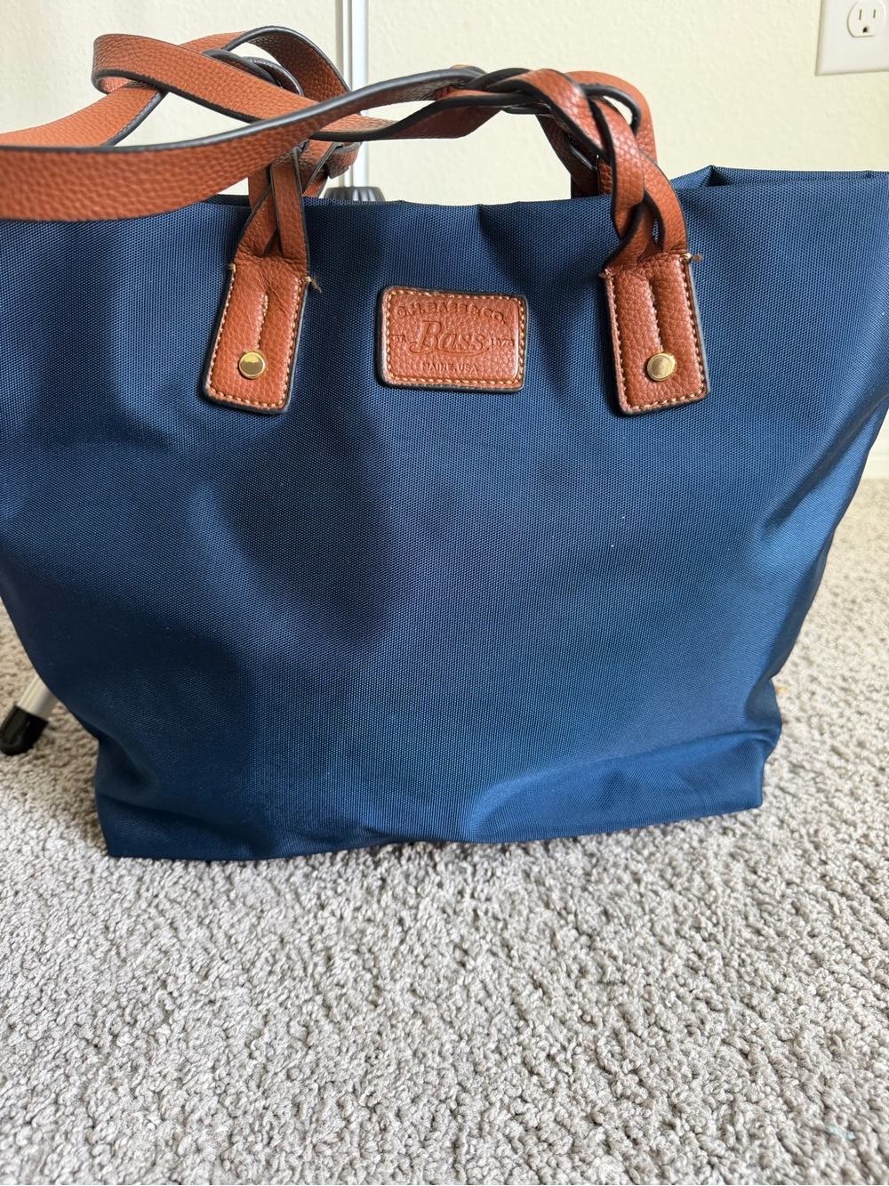 Bass Navy Tote with Brown Leather Trim